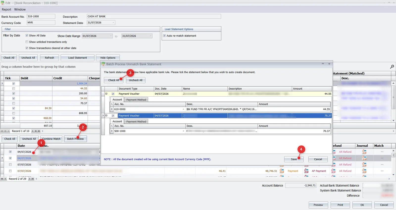 Batch Process creating documents from unmatched bank lines