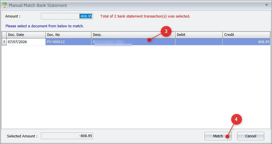 Combine Match: two bank statement lines matched to one payment voucher