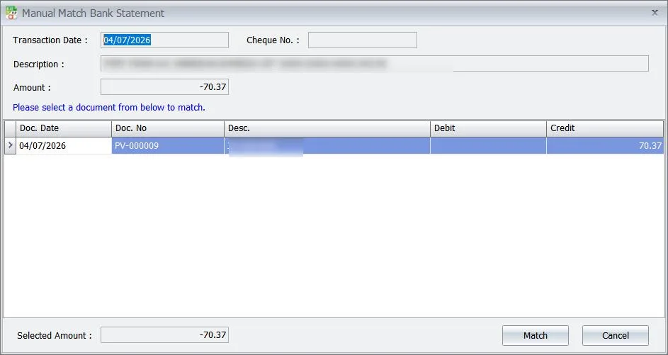 Manual Match Bank Statement dialog